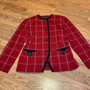 Executive Collection Red Plaid Blazer, Christmas, Holiday, black trim, 10